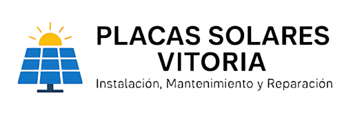 Logotipo de Placas Solares Vitoria con panel solar azul y sol; empresa de energía solar e instalación fotovoltaica en Vitoria-Gasteiz, Álava, País Vasco