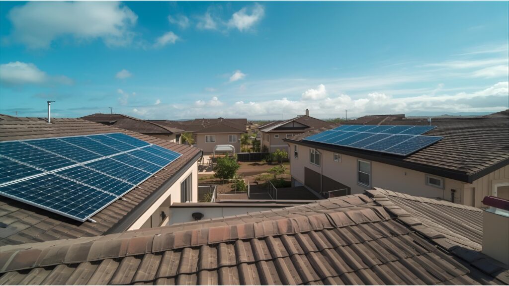 Placas solares en tejados de teja de una comunidad de vecinos; instalación fotovoltaica para autoconsumo en Lakua, Vitoria-Gasteiz, Álava, País Vasco