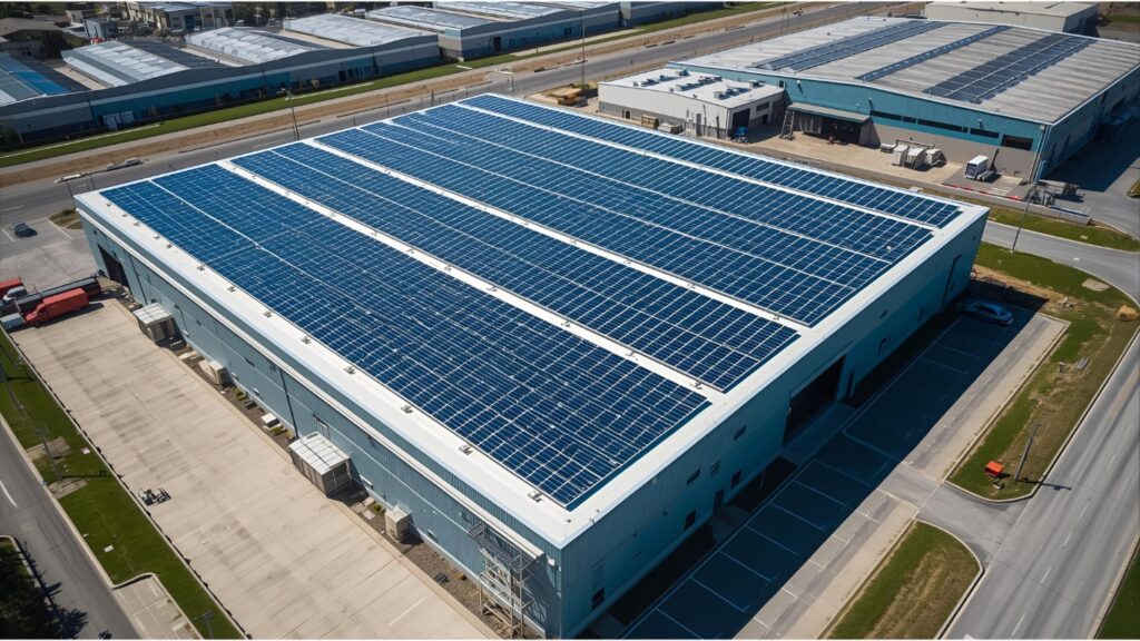 Vista aérea de nave industrial con gran instalación fotovoltaica sobre cubierta plana; placas solares para autoconsumo industrial en Júndiz, Vitoria-Gasteiz, Álava, País Vasco
