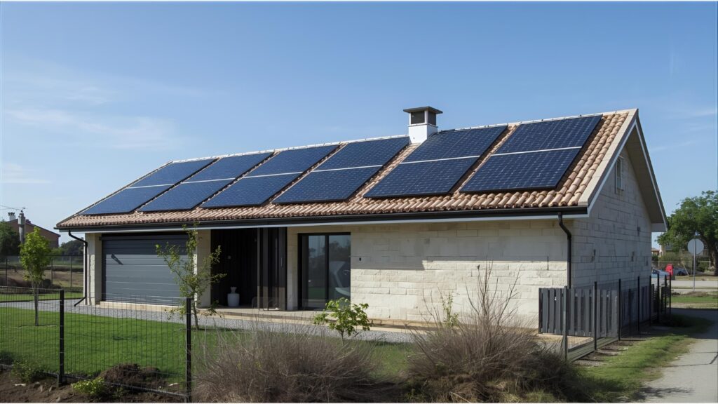 Placas solares en tejado de teja de vivienda unifamiliar; instalación fotovoltaica de autoconsumo en Zabalgana, Vitoria-Gasteiz, Álava, País Vasco