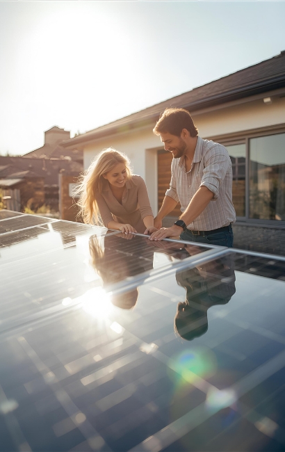 Pareja revisando placas solares en la cubierta de su vivienda; tramitación integral de ayudas y bonificaciones para autoconsumo en Vitoria-Gasteiz, Álava, País Vasco